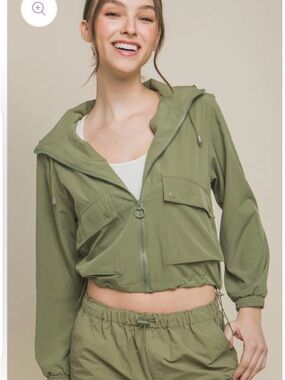 Love Tree Olive Green Cropped Utility Jacket with Hood